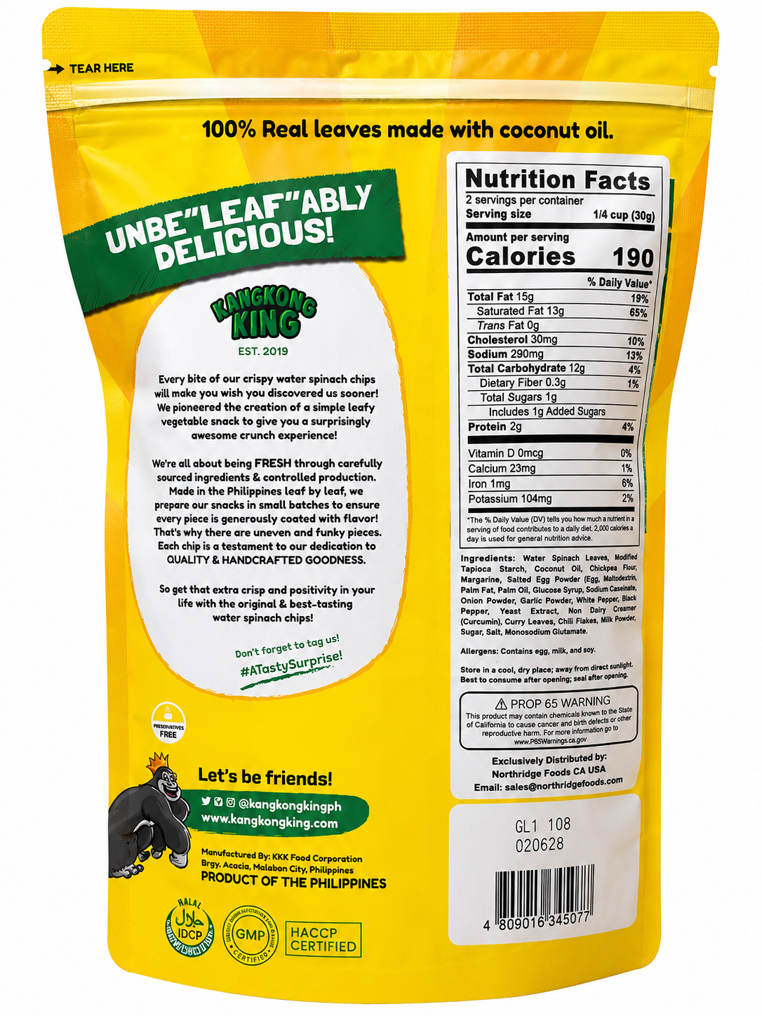 Back of Kangkong King Water Spinach Chips Salted Egg Flavored resealable pouch showing product description, nutrition facts, ingredients, certifications, barcode, and manufacturing information.