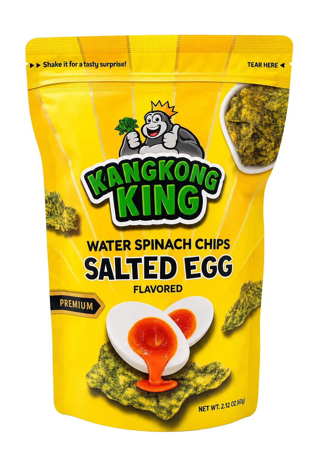 Kangkong King Water Spinach Chips Salted Egg Flavored Premium snack in a bright yellow resealable pouch, featuring crispy water spinach chips with salted egg seasoning, front packaging.