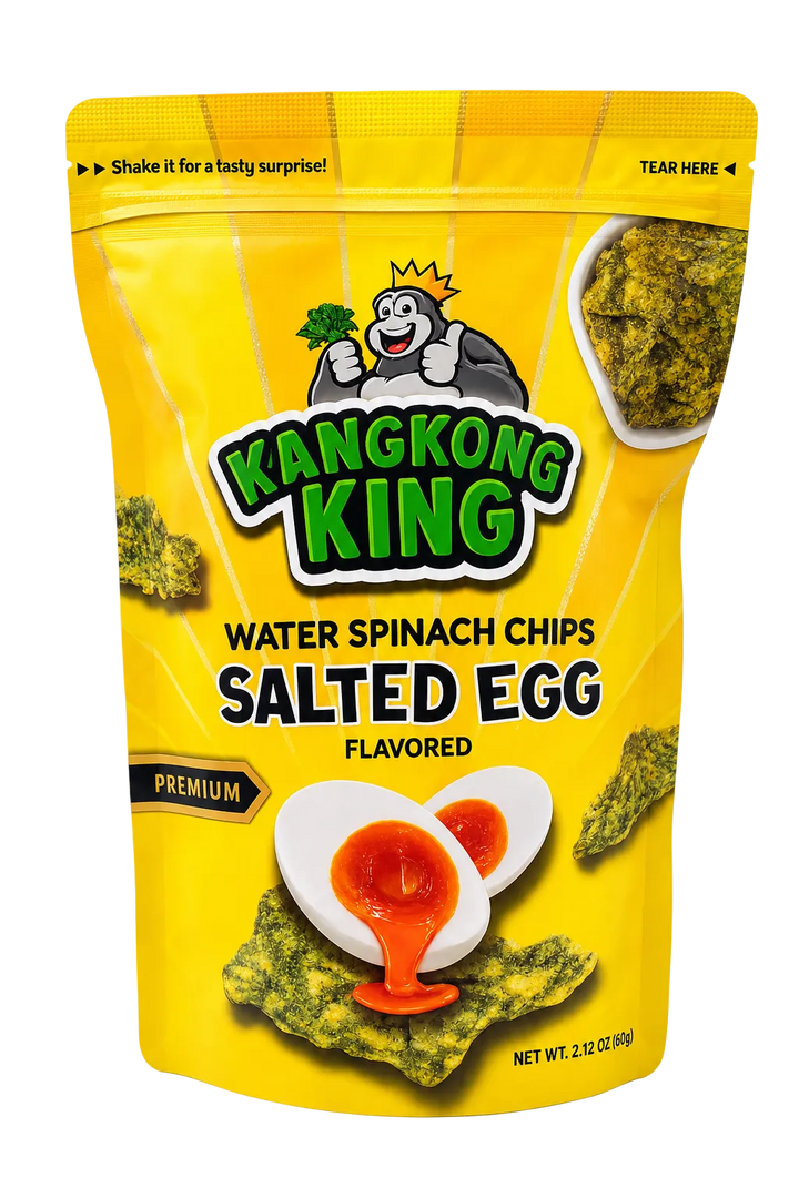 Kangkong King Water Spinach Chips Salted Egg Flavored Premium snack in a bright yellow resealable pouch, featuring crispy water spinach chips with salted egg seasoning, front packaging.