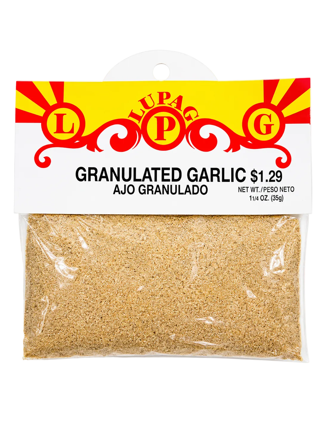 A 1 1/4 oz package of Lupac Granulated Garlic (Ajo Granulado) showing the clear plastic bag filled with light brown granules and a white and yellow header card with red branding.