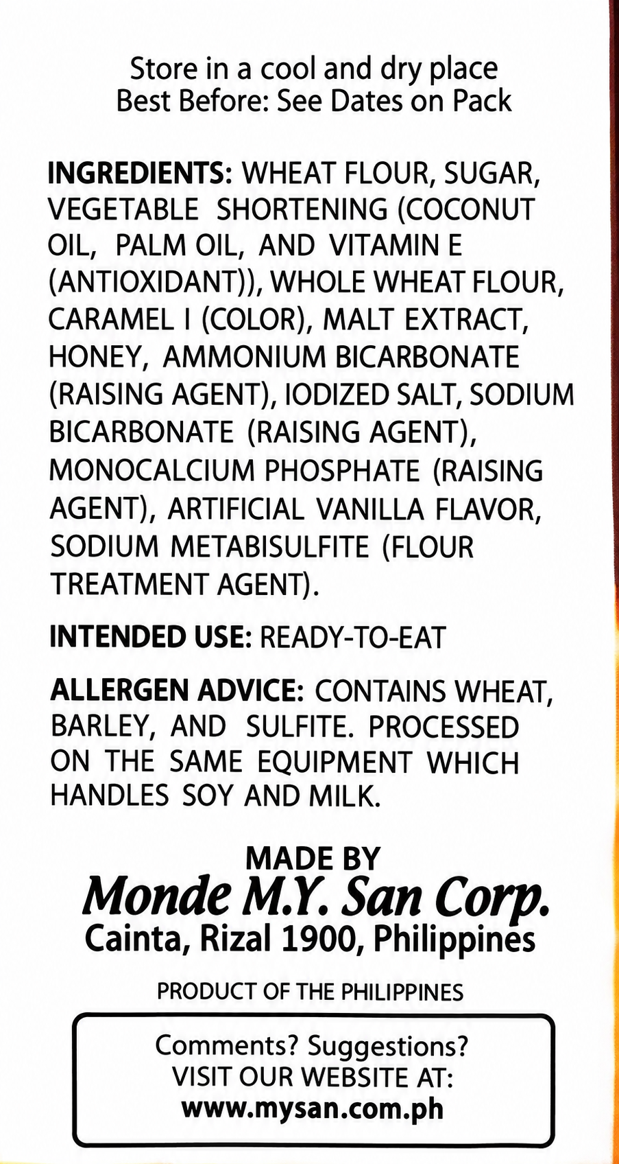 Back label of M.Y. San Grahams Honey Graham Crackers showing ingredients, allergen information, storage instructions, and manufacturer details. Contains wheat, barley, and sulfites; processed on equipment that also handles soy and milk. Made in the Philippines by Monde M.Y. San Corp.