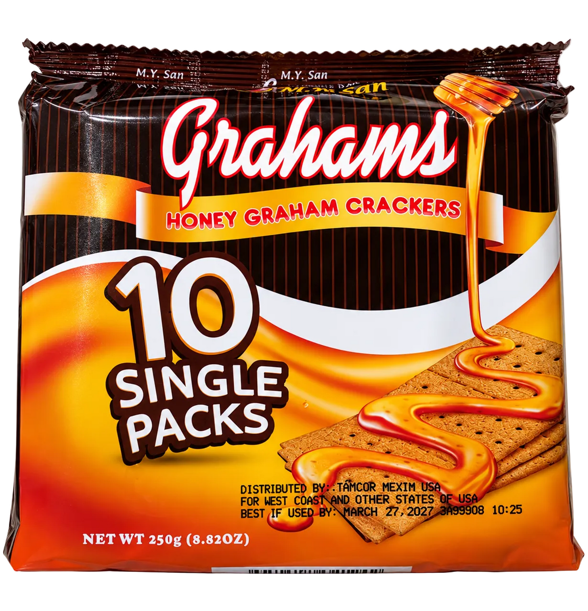 M.Y. San Grahams Honey Graham Crackers, 250g (8.82 oz), featuring 10 individually wrapped packs. Sweet honey-flavored graham crackers in brown and gold packaging, perfect for snacking and desserts.
