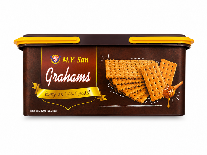 Front view of M.Y. San Grahams crackers in an 800 g resealable container. The brown container features the M.Y. San logo, graham crackers, a honey dipper, and the "Easy as 1-2-Treats!" slogan on a white background.