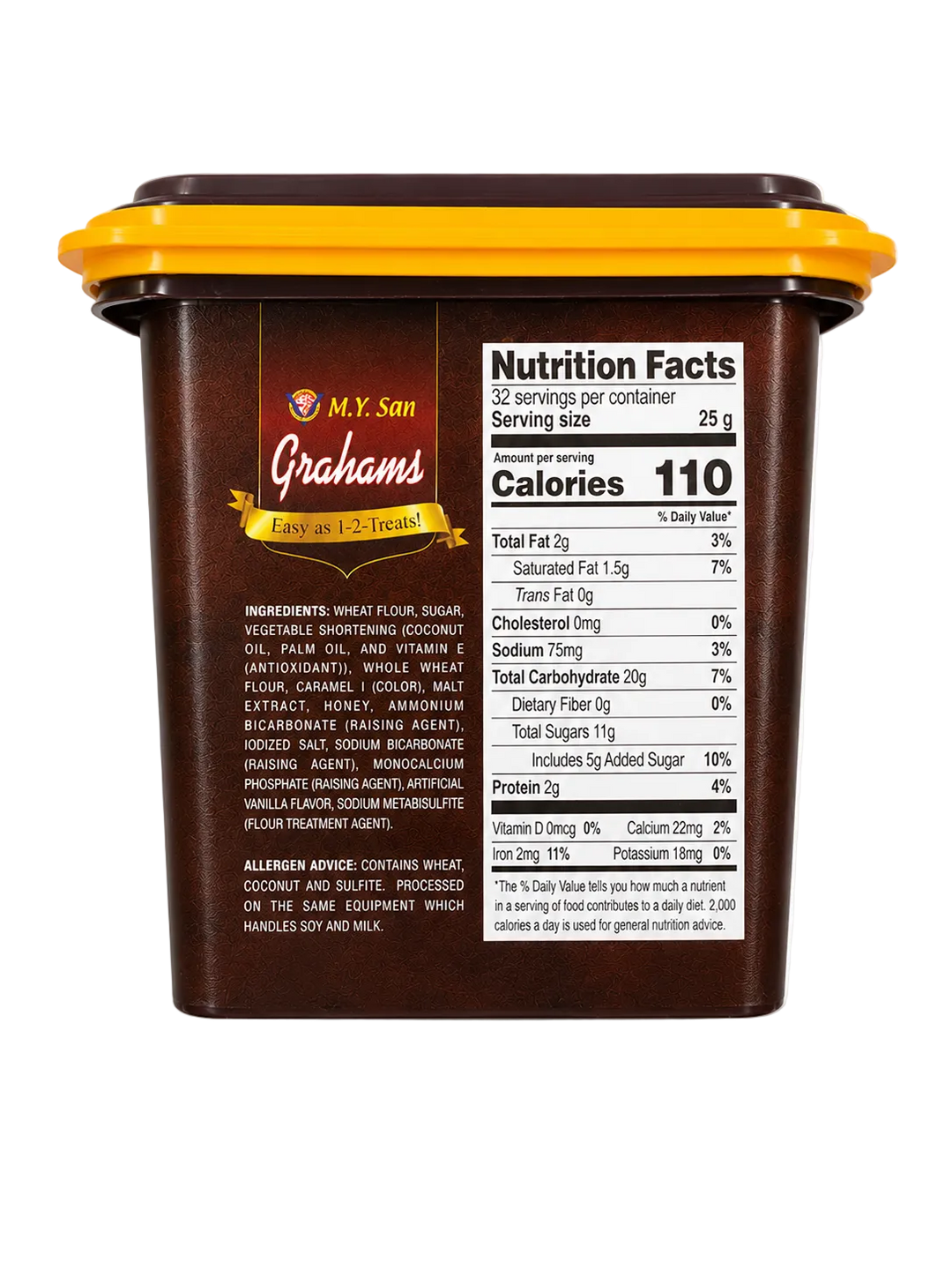 Back view of M.Y. San Grahams 800 g resealable container showing the nutrition facts panel, ingredients, allergen information, and serving size on a brown label.