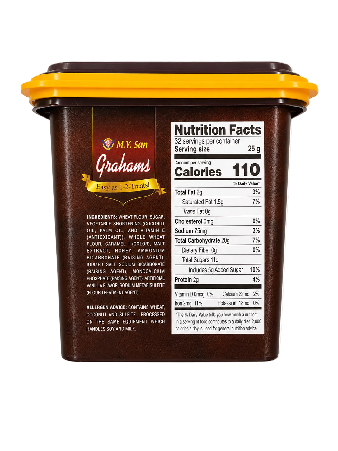 Back view of M.Y. San Grahams 800 g resealable container showing the nutrition facts panel, ingredients, allergen information, and serving size on a brown label.