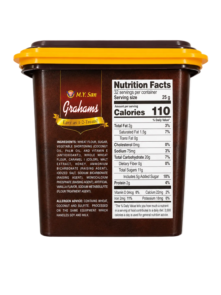 Back view of M.Y. San Grahams 800 g resealable container showing the nutrition facts panel, ingredients, allergen information, and serving size on a brown label.