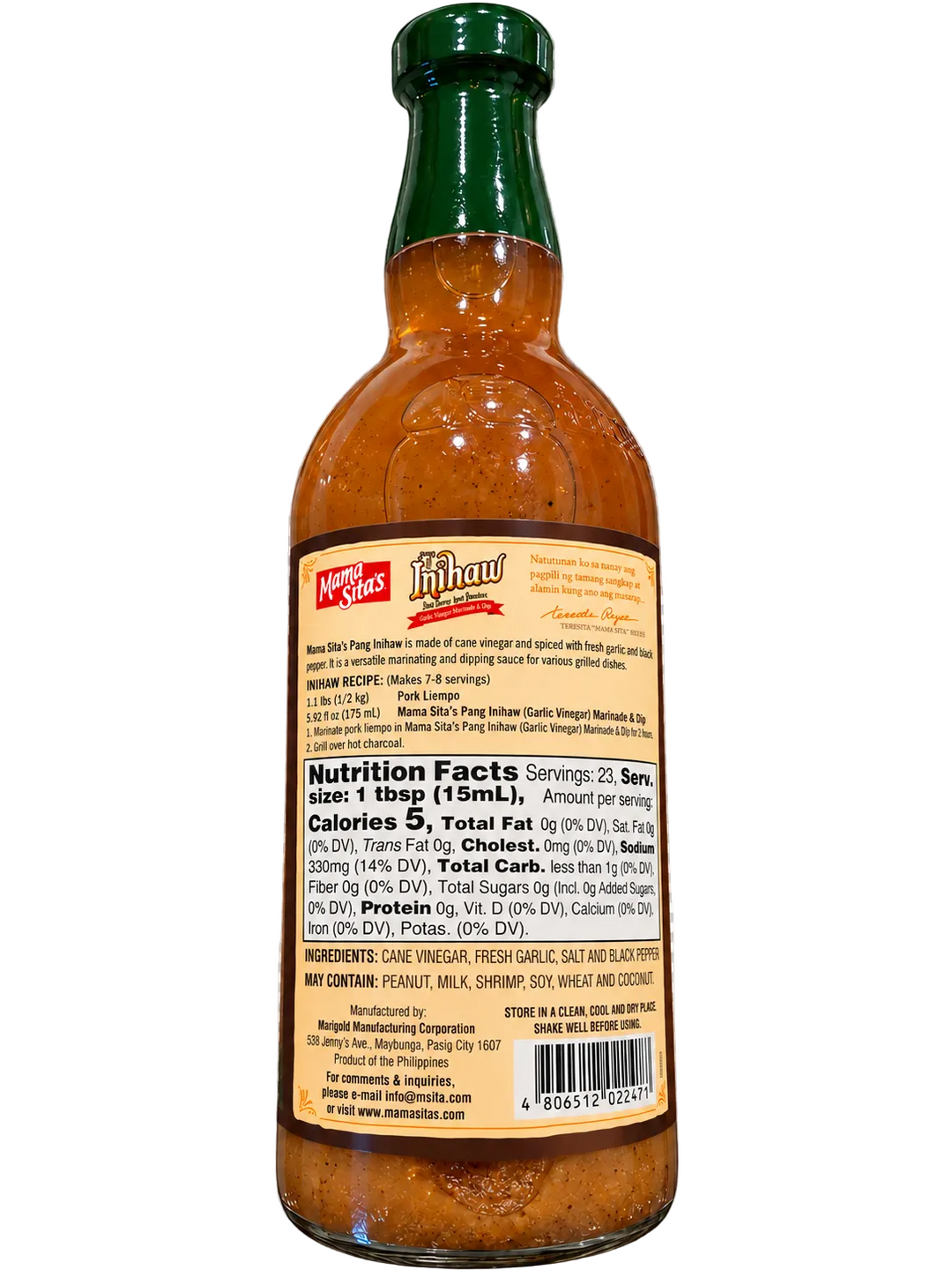 Mama Sita’s Pang Inihaw Garlic Vinegar Marinade & Dip in a glass bottle with a green cap, 11.83 fl oz (350 mL)