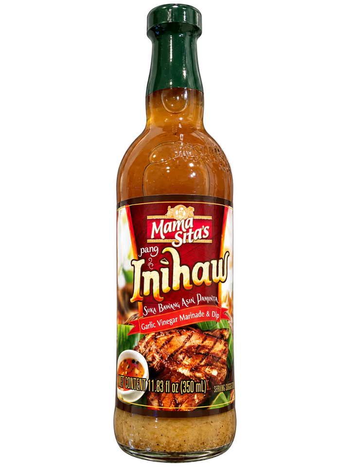 A bottle of Mama Sita's Pang Inihaw Garlic Vinegar Marinade & Dip on a plain white background.