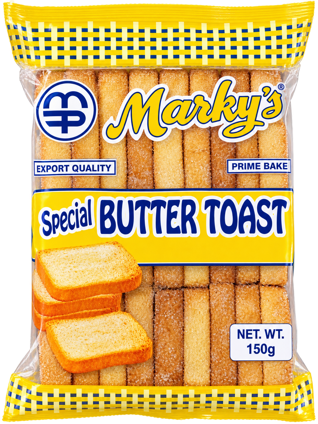 Marky’s Special Butter Toast 150g Filipino toasted bread snacks in a yellow and blue package, featuring golden, crispy, sugar-coated butter toast slices. Front packaging with Marky’s logo and Export Quality label.