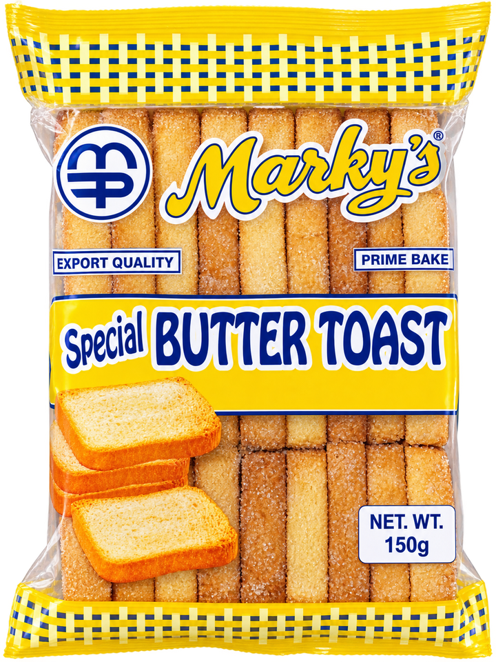Marky’s Special Butter Toast 150g Filipino toasted bread snacks in a yellow and blue package, featuring golden, crispy, sugar-coated butter toast slices. Front packaging with Marky’s logo and Export Quality label.