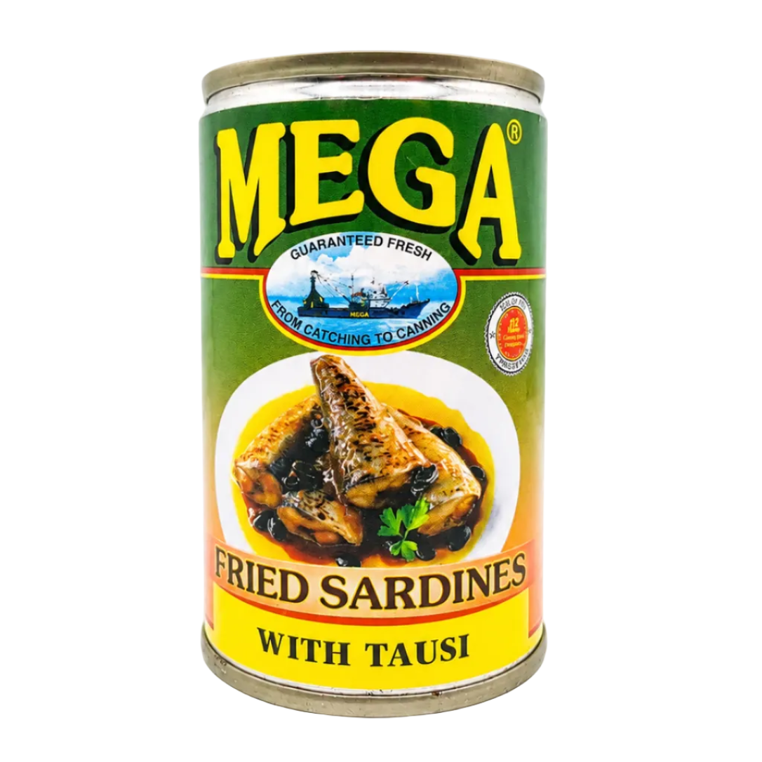 Front view of a Mega Fried Sardines with Tausi can, 155g (5.5 oz.), displayed upright on a bright white background. The label features the MEGA logo in bold yellow letters on a green background, the product name "Fried Sardines with Tausi," an appetizing serving suggestion of fried sardines in black bean sauce with garlic and herbs, and the "No Preservatives" badge. The can is centered, brightly lit, straightened, and photographed in a clean studio setting for an e-commerce product listing.

