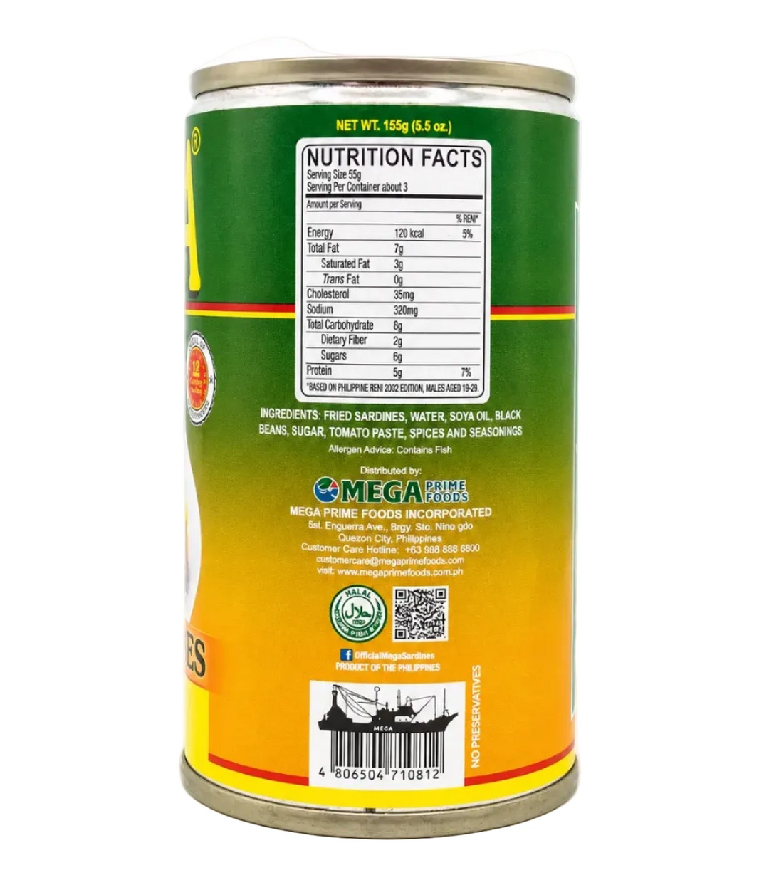 Back view of a can of Mega Fried Sardines with Tausi (155g / 5.5 oz.) standing upright on a clean white background. The label features a green-to-orange gradient with a centered Nutrition Facts panel, ingredient list, allergen warning, Mega Prime Foods distributor information, Halal certification logo, QR code, barcode, and "Product of the Philippines" text. The product is brightly lit, straightened, and photographed in a studio style for clear readability.