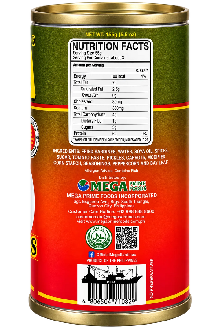 Mega Fried Sardines Hot & Spicy 155g can, back label with nutrition facts, ingredients, allergen information, and product details.