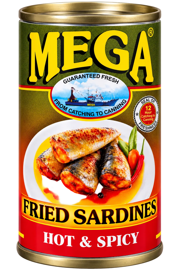 A can of MEGA Fried Sardines, Hot & Spicy flavor, featuring a green and red label with yellow lettering and an image of cooked sardines on a plate.