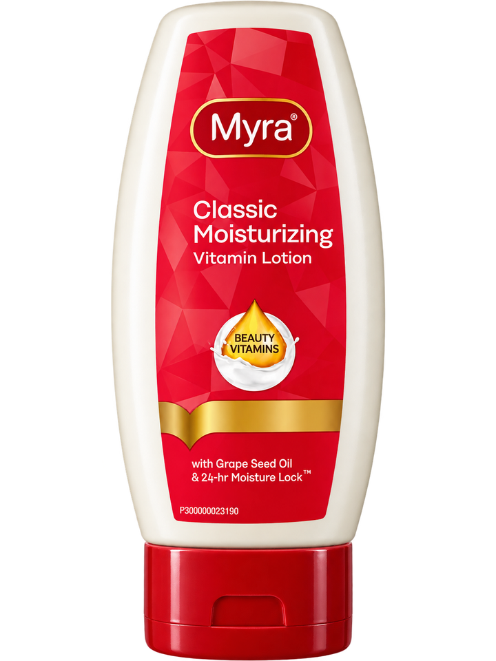 Myra Classic Moisturizing Vitamin Lotion 100mL – Back view showing product benefits, Beauty Vitamins, grape seed oil, 24-hour moisture lock, ingredients, directions for use, and manufacturer information.