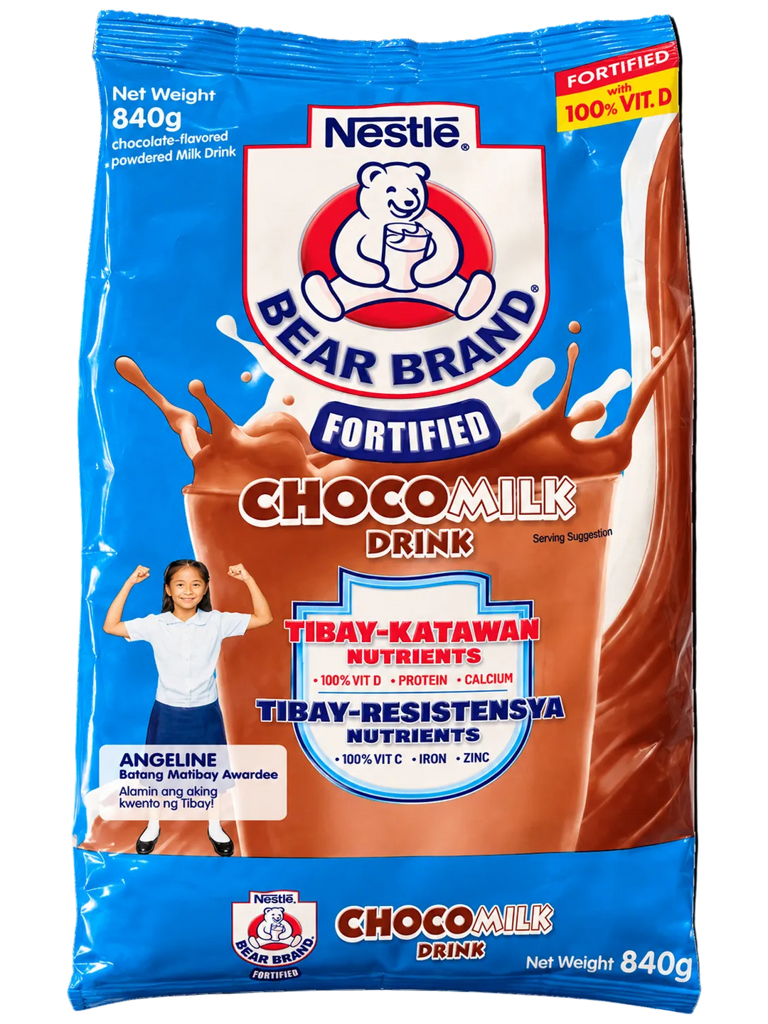 Nestlé Bear Brand Fortified Chocomilk Drink 840g, chocolate-flavored powdered milk drink in blue and brown packaging, fortified with Vitamin D, protein, calcium, Vitamin C, iron, and zinc.