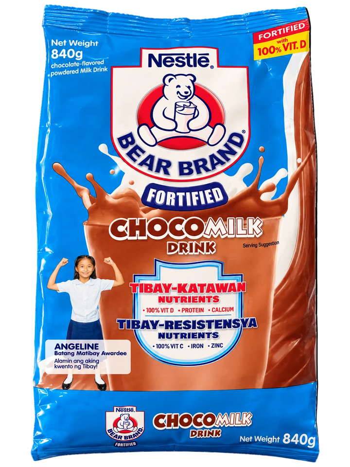Nestlé Bear Brand Fortified Chocomilk Drink 840g, chocolate-flavored powdered milk drink in blue and brown packaging, fortified with Vitamin D, protein, calcium, Vitamin C, iron, and zinc.