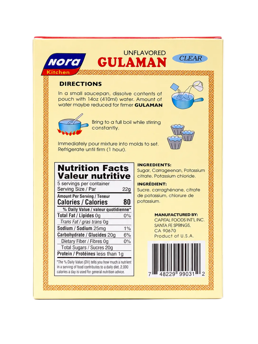 Back view of Nora Kitchen Unflavored Gulaman Clear jelly powder mix in a 90 g box. The package displays preparation directions, nutrition facts, ingredients, manufacturer information, and a barcode on a light yellow background.