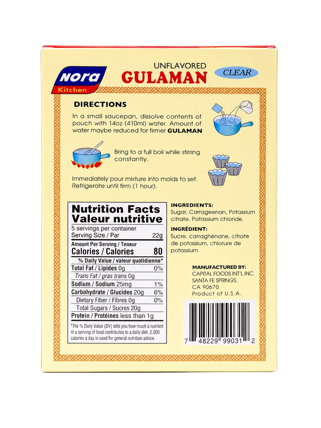Back view of Nora Kitchen Unflavored Gulaman Clear jelly powder mix in a 90 g box. The package displays preparation directions, nutrition facts, ingredients, manufacturer information, and a barcode on a light yellow background.