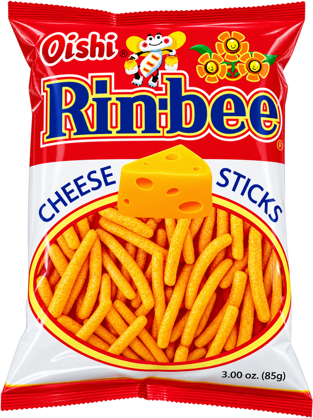 Oishi Rinbee Cheese Sticks, 3 oz (85g) bag. Crunchy, cheese-flavored snack sticks in bright red and white packaging featuring the Oishi Rinbee logo, cheese illustration, and colorful cartoon characters.