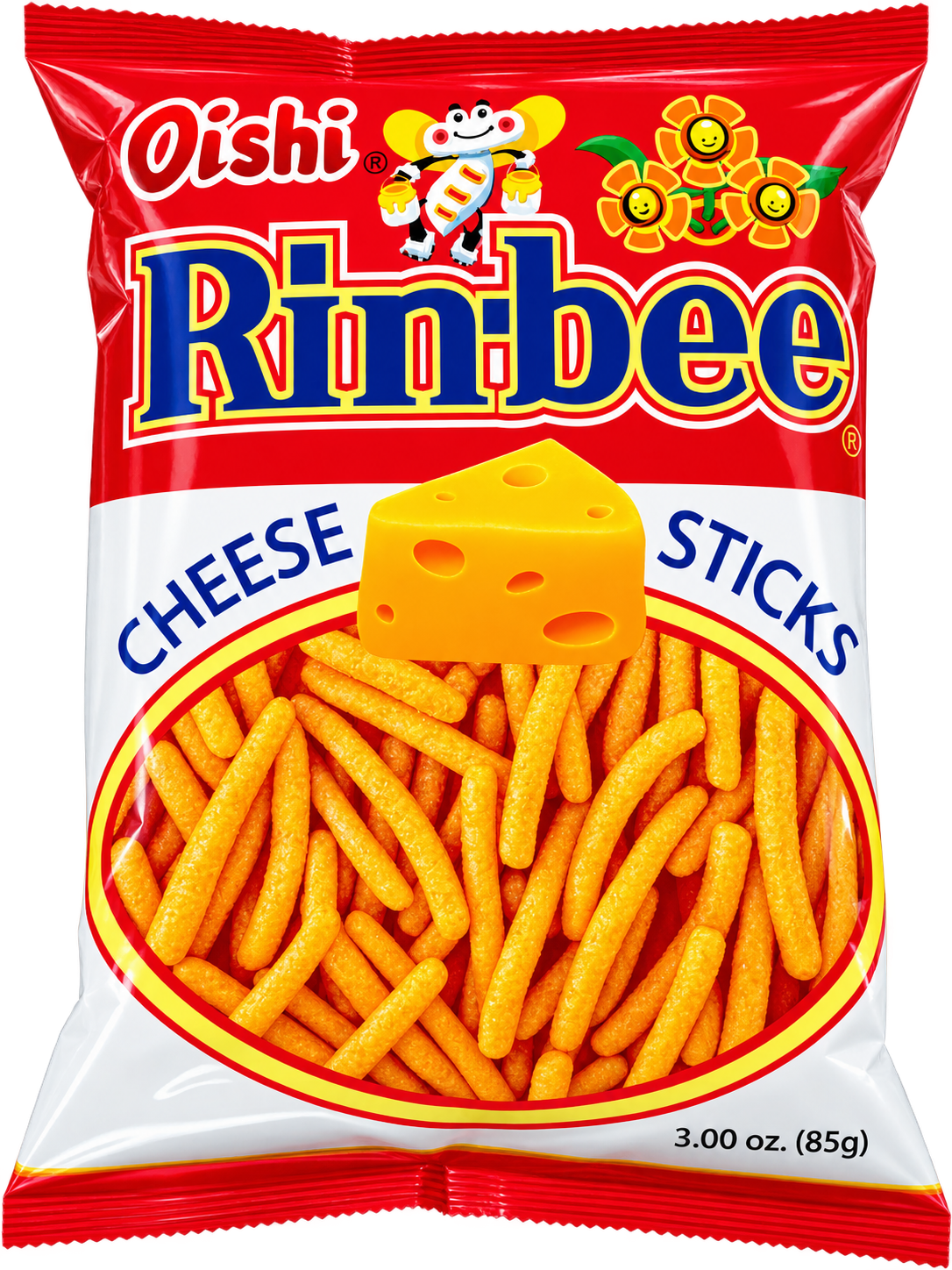 Oishi Rinbee Cheese Sticks, 3 oz (85g) bag. Crunchy, cheese-flavored snack sticks in bright red and white packaging featuring the Oishi Rinbee logo, cheese illustration, and colorful cartoon characters.