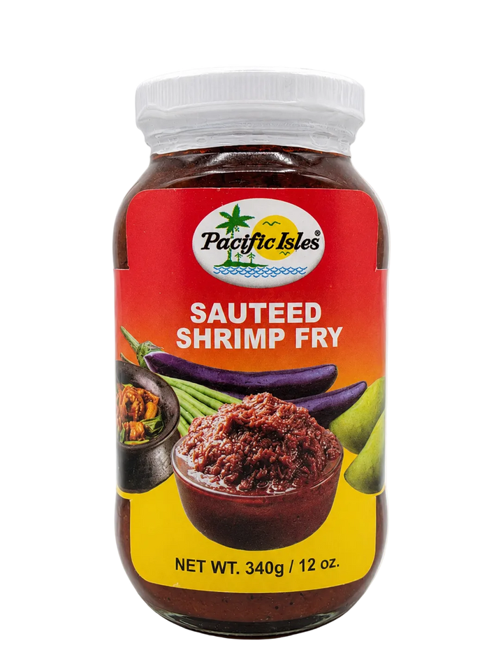 Pacific Isles Sauteed Shrimp Fry 340g (12 oz) glass jar, front view featuring Filipino sautéed shrimp paste with vegetables on the label.