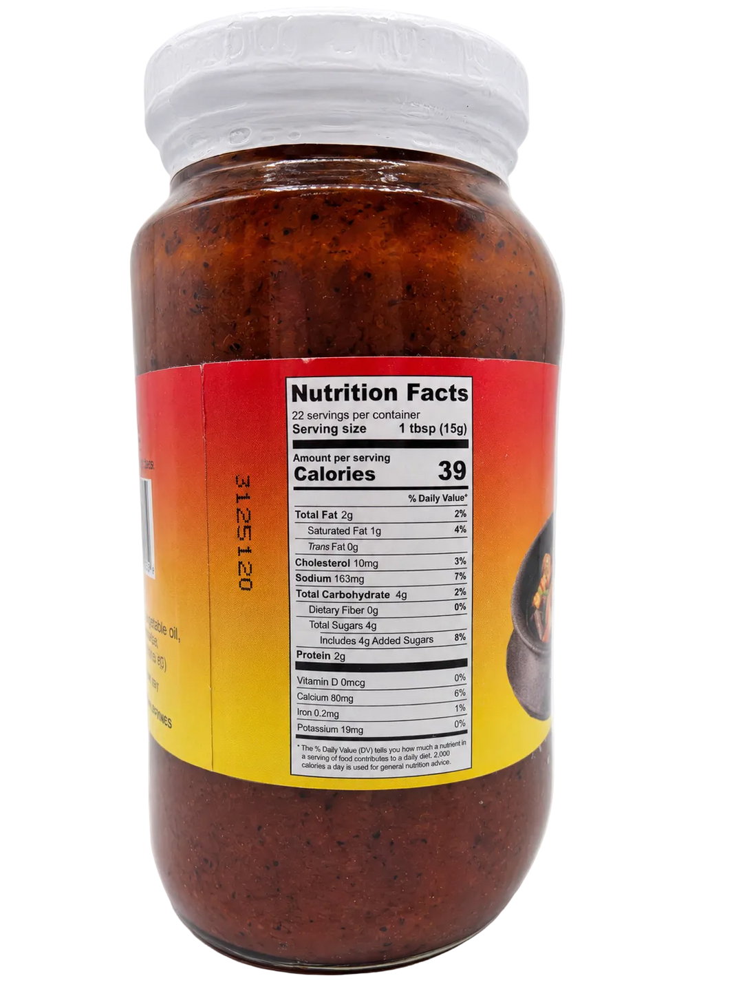 Pacific Isles Sauteed Shrimp Fry 340g (12 oz) glass jar, back view showing nutrition facts, serving size, calories, and nutritional information.