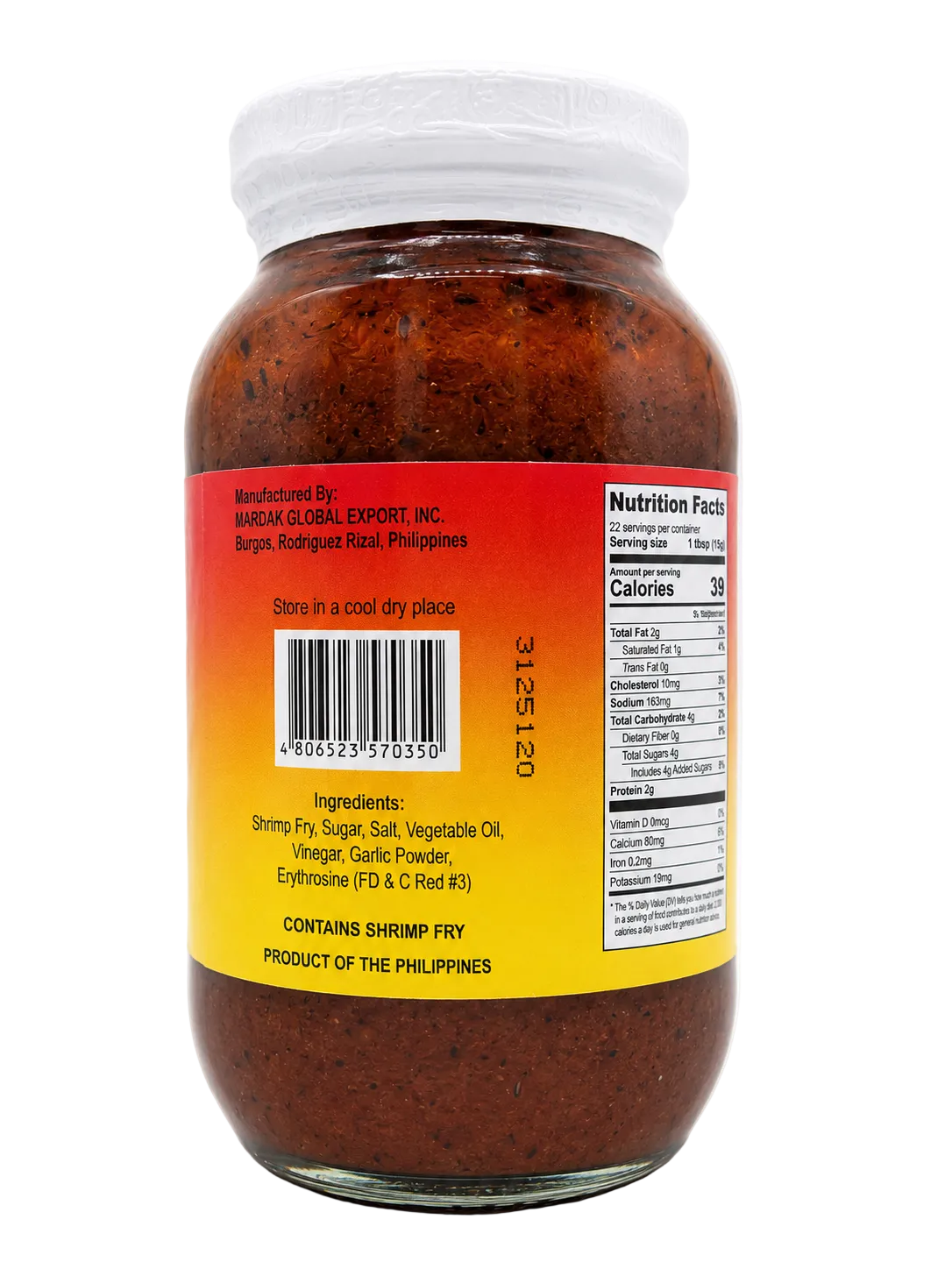 Pacific Isles Sauteed Shrimp Fry 340g (12 oz) glass jar, back view showing ingredients, barcode, storage instructions, manufacturer information, and product details.