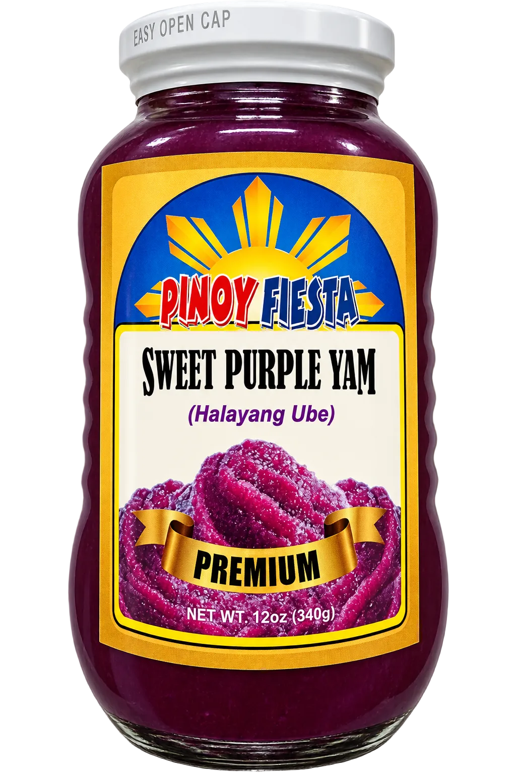 Pinoy Fiesta Premium Sweet Purple Yam (Halayang Ube) 12 oz (340g) glass jar with white lid, featuring a colorful blue and yellow label and rich purple ube spread, isolated on a clean white background.
