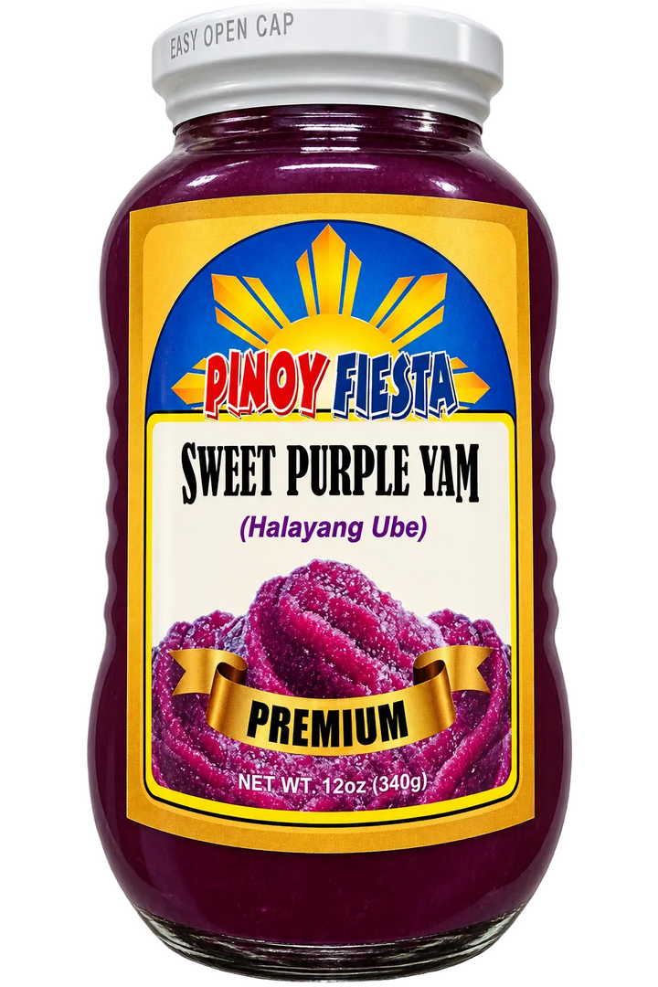 Pinoy Fiesta Premium Sweet Purple Yam (Halayang Ube) 12 oz (340g) glass jar with white lid, featuring a colorful blue and yellow label and rich purple ube spread, isolated on a clean white background.