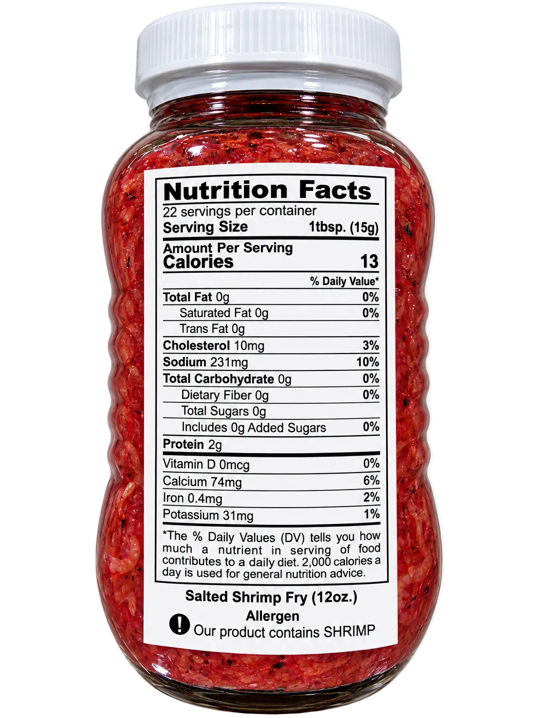 Pistahan Salted Shrimp Fry (Alamang) 12 oz (340g) in a clear glass jar with a white lid, showing the Nutrition Facts label and shrimp allergen warning against a clean white background.