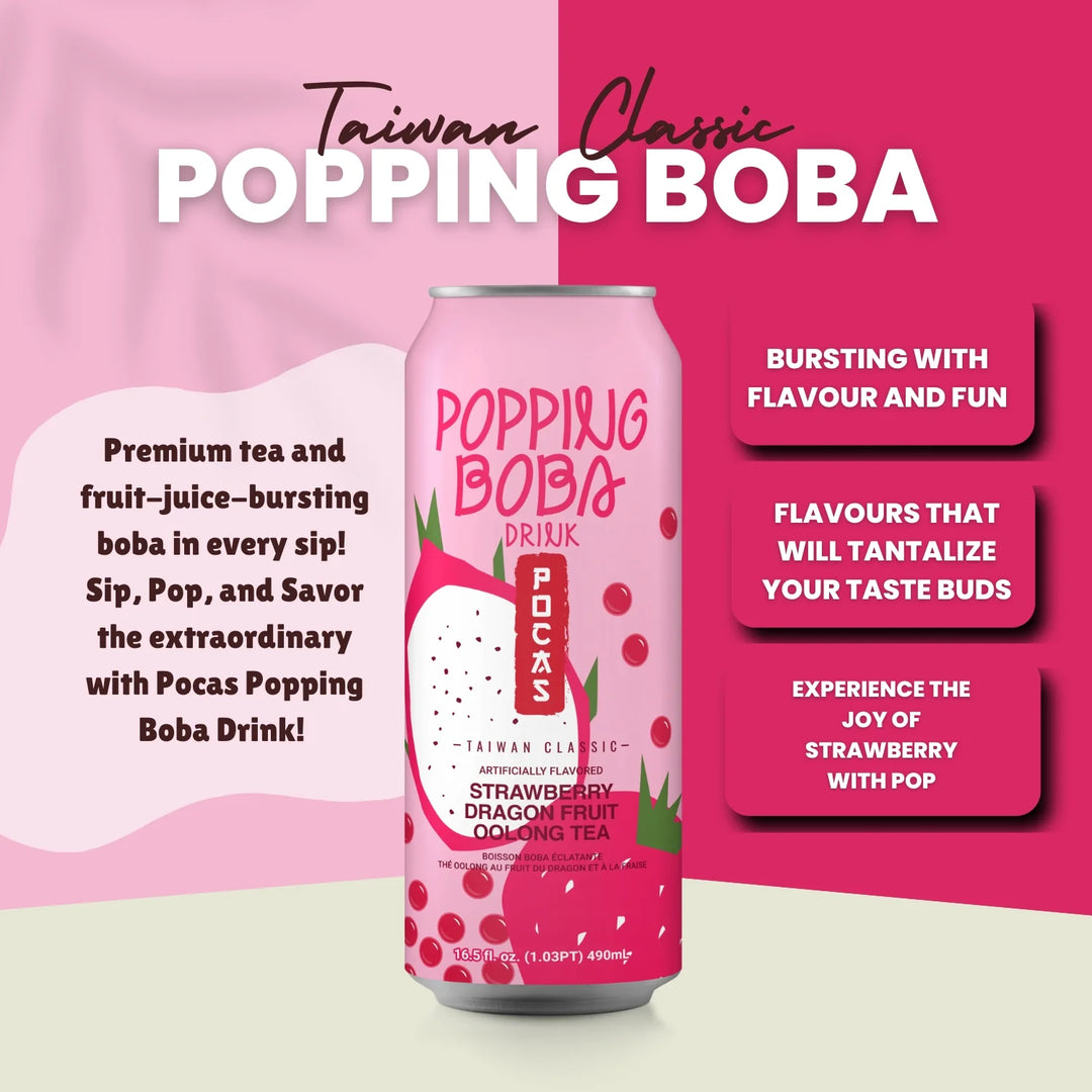 Pocas Popping Boba Drink Strawberry Dragon Fruit Oolong Tea - 16.5 fl oz