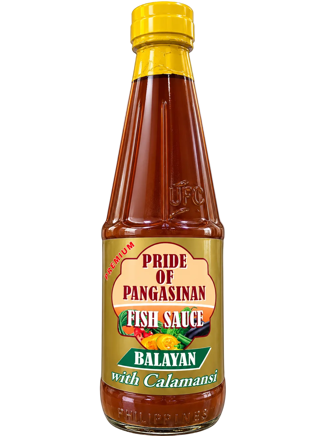 Pride of Pangasinan Premium Balayan Fish Sauce with Calamansi in a tall glass bottle with a yellow cap. Traditional Filipino fish sauce featuring a gold label with green and red lettering and calamansi illustrations.