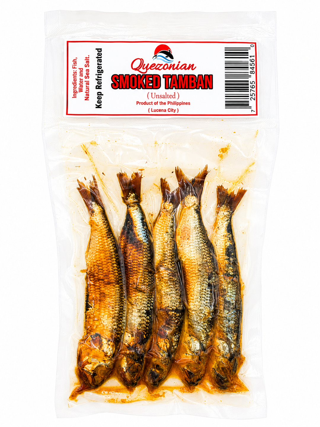 Five smoked tamban fish in a clear plastic bag with a white and red Quezonian label, on a white background.