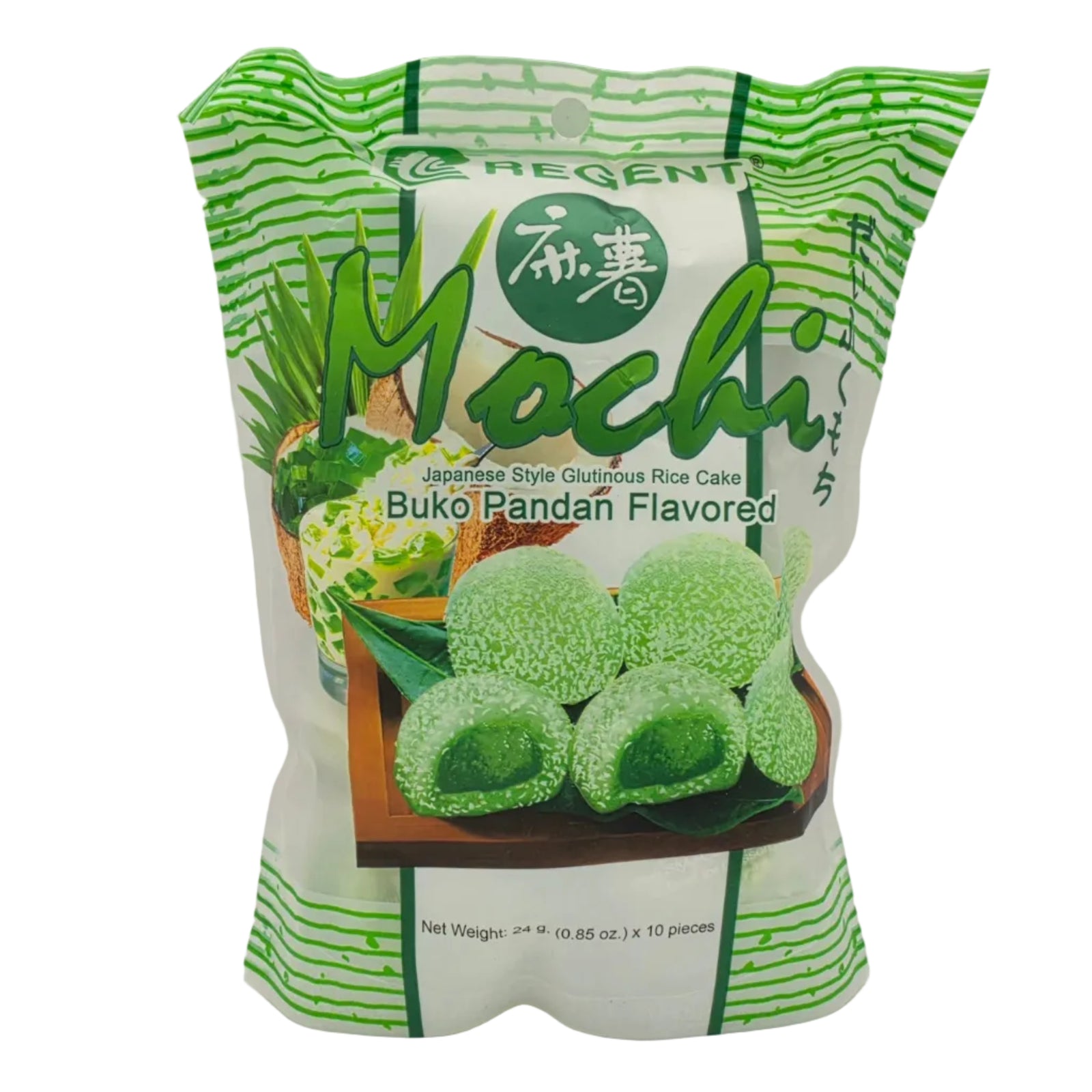 Regent Mochi Buko Pandan flavor, 10-piece pack, soft and chewy rice cakes filled with sweet coconut and pandan-flavored filling, individually wrapped in a bright, tropical-themed package.