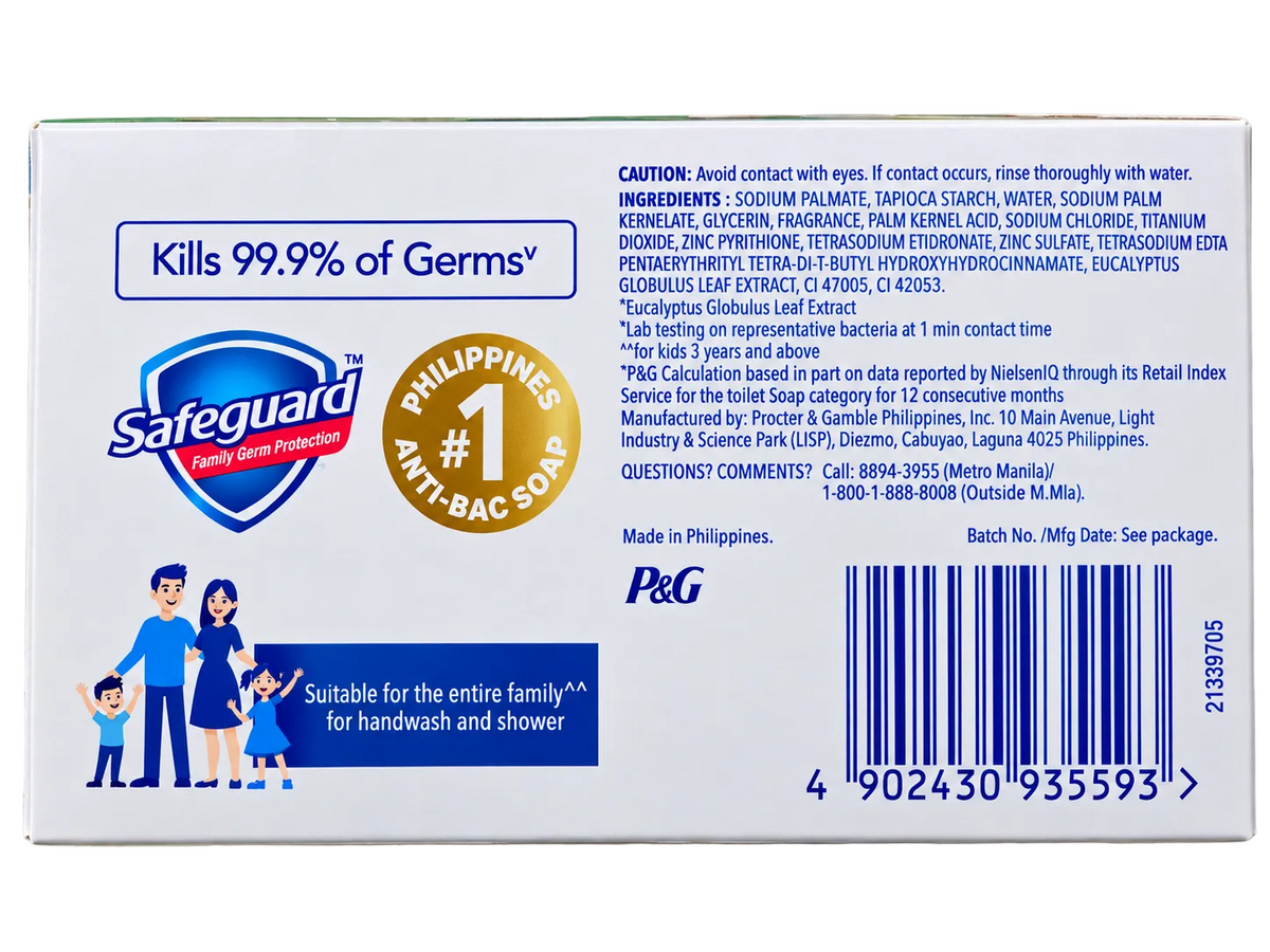 Back view of Safeguard Fresh Green Antibacterial Bar Soap with Herbal Extracts, showing the 99.9% germ protection claim, ingredients, manufacturer information, family illustration, and barcode on white packaging.