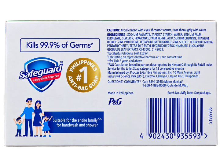 Back view of Safeguard Fresh Green Antibacterial Bar Soap with Herbal Extracts, showing the 99.9% germ protection claim, ingredients, manufacturer information, family illustration, and barcode on white packaging.