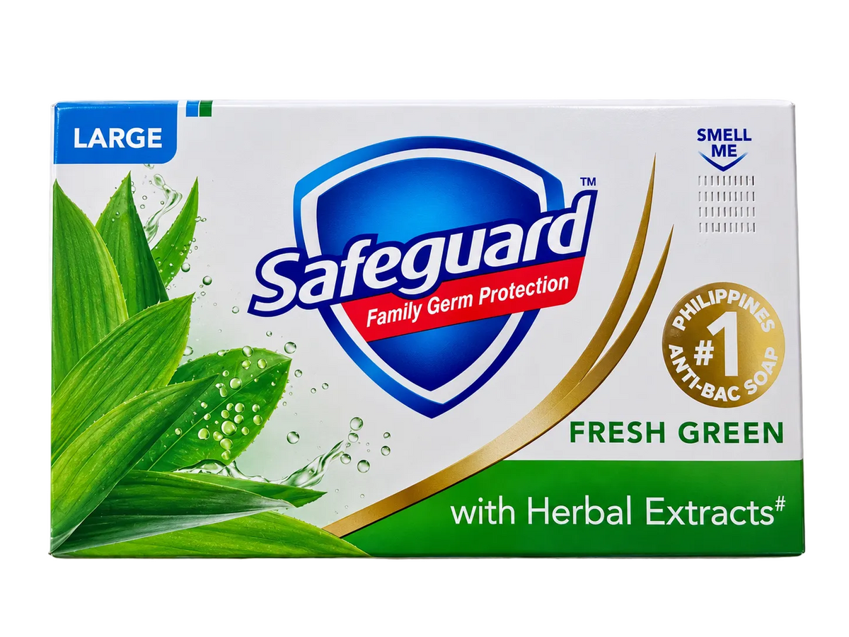 Front view of Safeguard Fresh Green Antibacterial Bar Soap with Herbal Extracts, Large Size, featuring white, blue, and green packaging with the Safeguard logo, green leaves, and Philippines’ #1 Anti-Bac Soap badge.