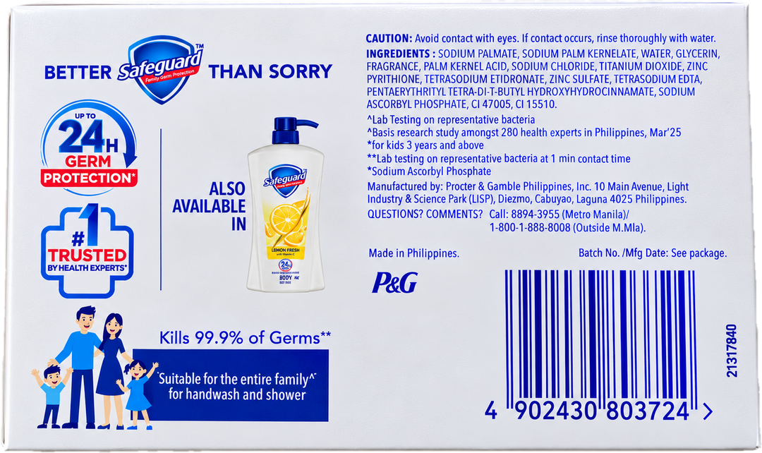 Back view of Safeguard Lemon Fresh Antibacterial Bar Soap with Vitamin C, showing 24-hour germ protection, 99.9% germ-killing claim, ingredients, manufacturer information, family illustration, and barcode.