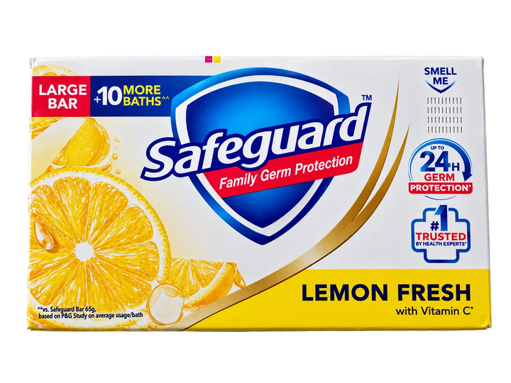 Front view of Safeguard Lemon Fresh Antibacterial Bar Soap with Vitamin C, large bar, featuring yellow and white packaging with lemon illustrations, 24-hour germ protection claim, and blue Safeguard logo.