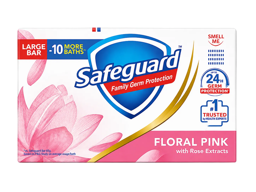 Safeguard Family Germ Protection Large Bar in Floral Pink with Rose Extracts, shown in its retail packaging box against a white background.