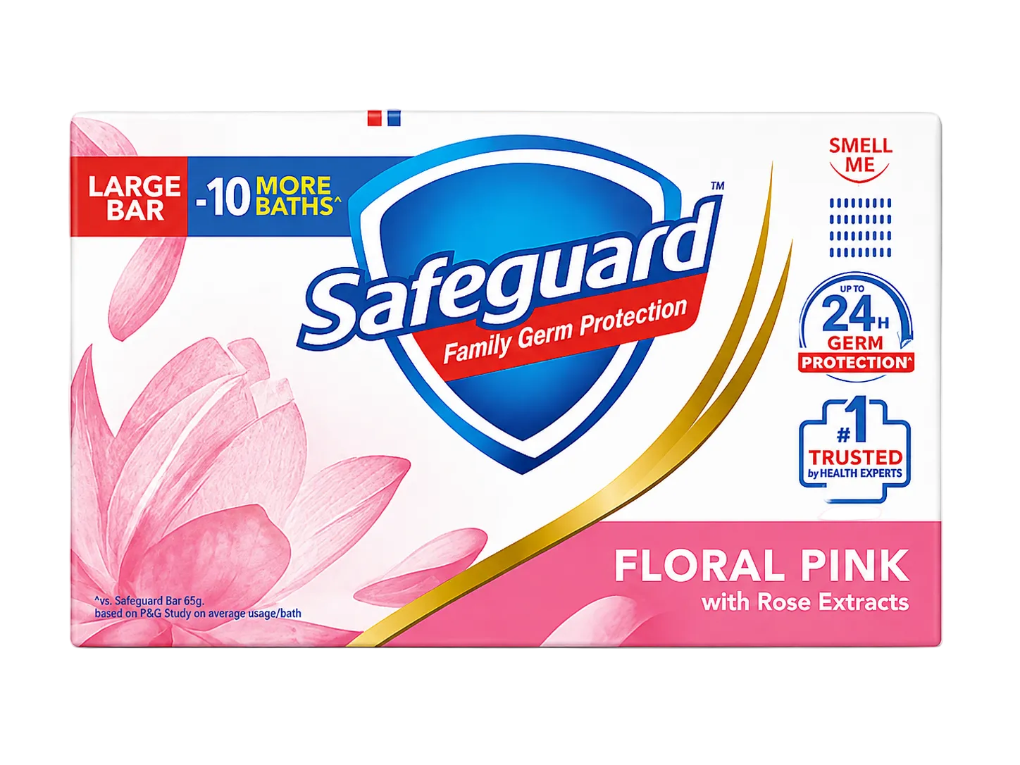 Safeguard Family Germ Protection Large Bar in Floral Pink with Rose Extracts, shown in its retail packaging box against a white background.