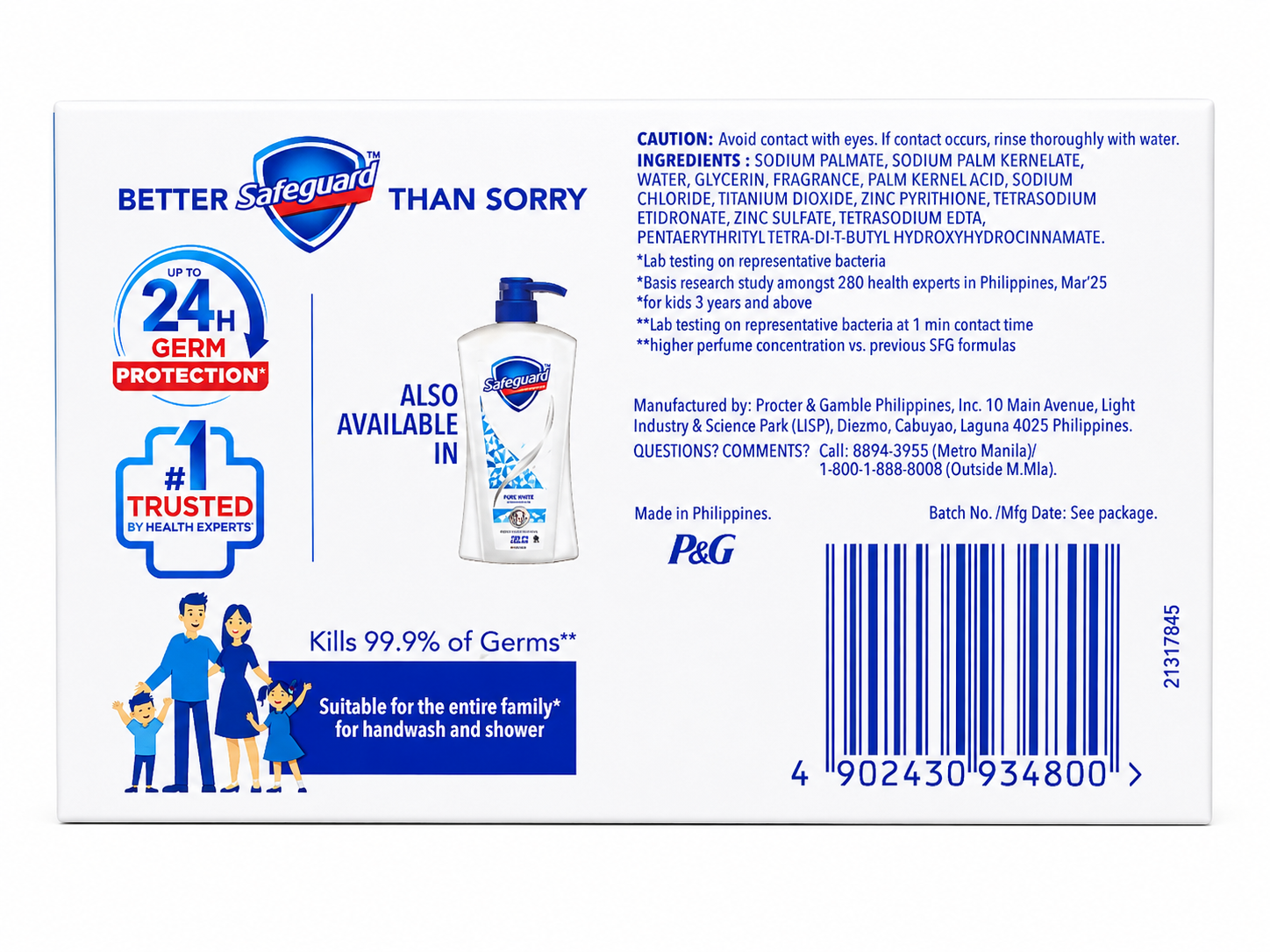 Back view of Safeguard Family Germ Protection Pure White bar soap packaging. The white box features the Safeguard logo, "Better Safeguard Than Sorry" slogan, 24-hour germ protection and #1 trusted by health experts icons, ingredient list, manufacturer information, barcode, and a graphic promoting Safeguard body wash.