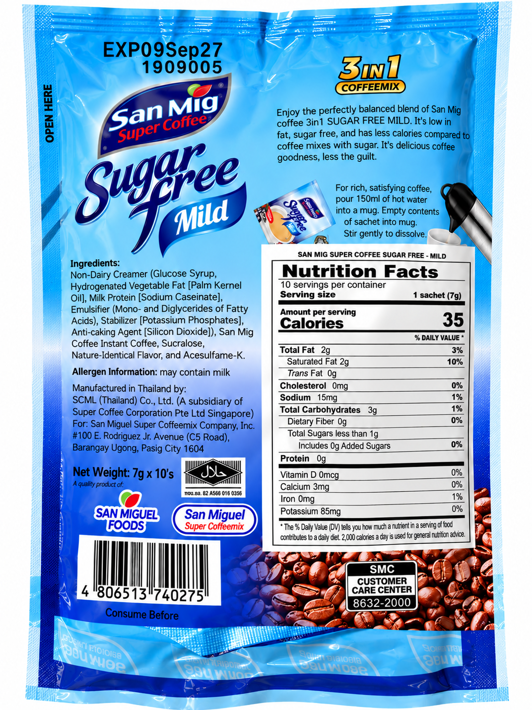 Back packaging of San Mig Super Coffee Sugar Free Mild 3-in-1 Instant Coffee Mix, 10 sachets (7g each). Blue packaging displays ingredients, preparation instructions, nutrition facts (35 calories per sachet), Halal certification, manufacturer information, and barcode.