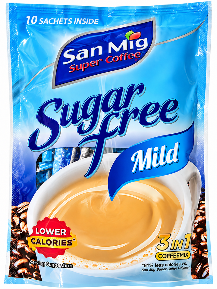 Front view of San Mig Super Coffee Sugar Free Mild 3-in-1 Instant Coffee Mix, 10 sachets per pack, in blue packaging featuring a creamy coffee cup and a lower-calorie formula with 61% fewer calories than the original.