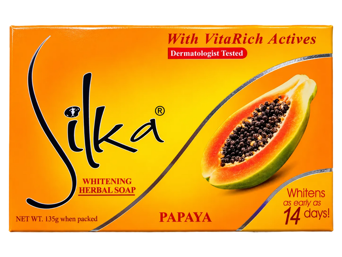 Front view of Silka Papaya Whitening Herbal Soap 135g, featuring bright orange and yellow packaging with a papaya illustration, VitaRich Actives, and dermatologist-tested formula.