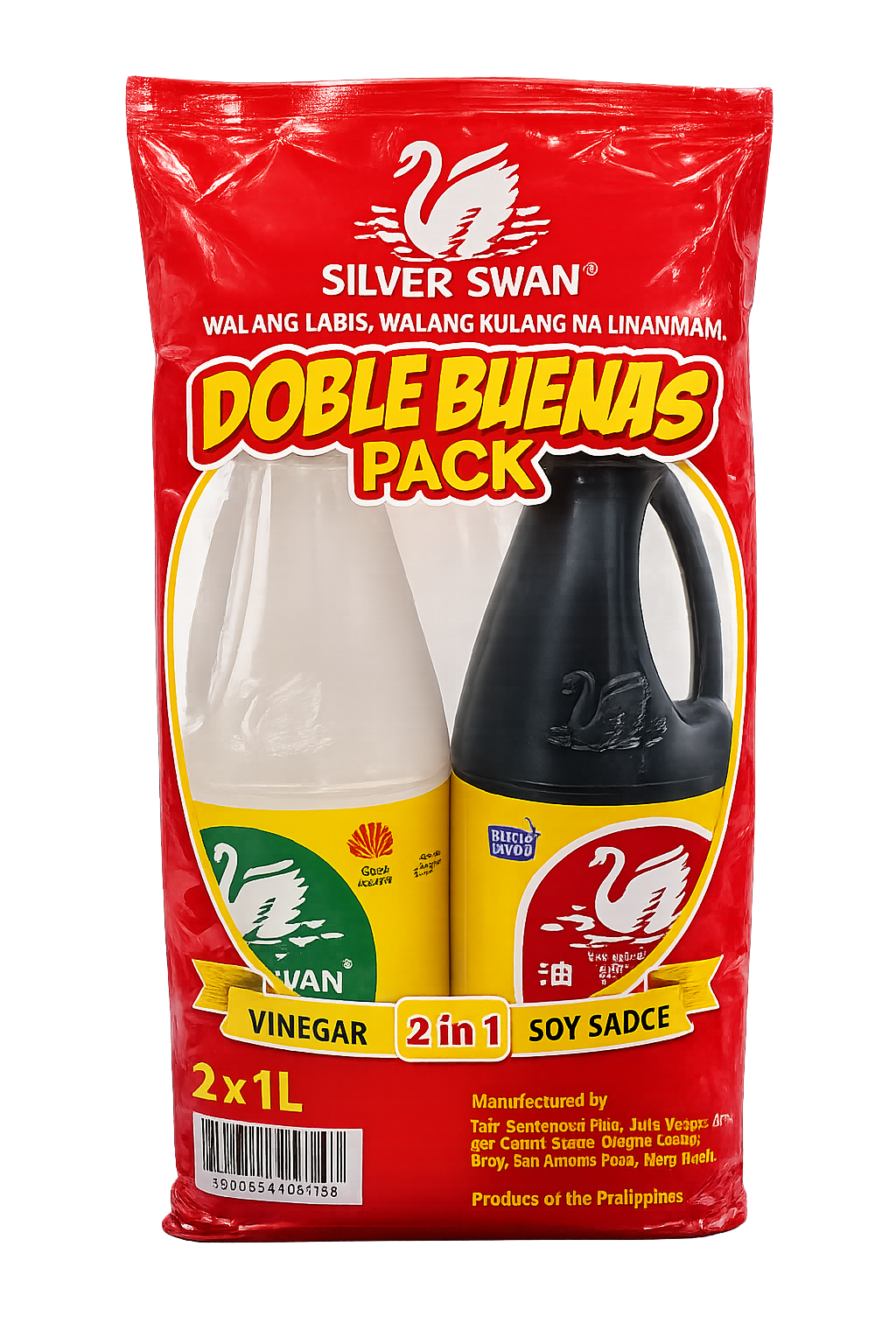 Silver Swan Doble Buenas Pack 2-in-1 Soy Sauce and Vinegar (2 x 1L), front view in red retail packaging featuring one bottle of soy sauce and one bottle of vinegar