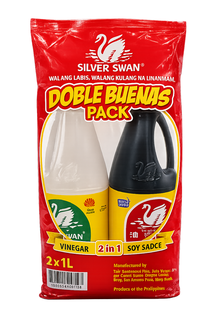 Silver Swan Doble Buenas Pack 2-in-1 Soy Sauce and Vinegar (2 x 1L), front view in red retail packaging featuring one bottle of soy sauce and one bottle of vinegar