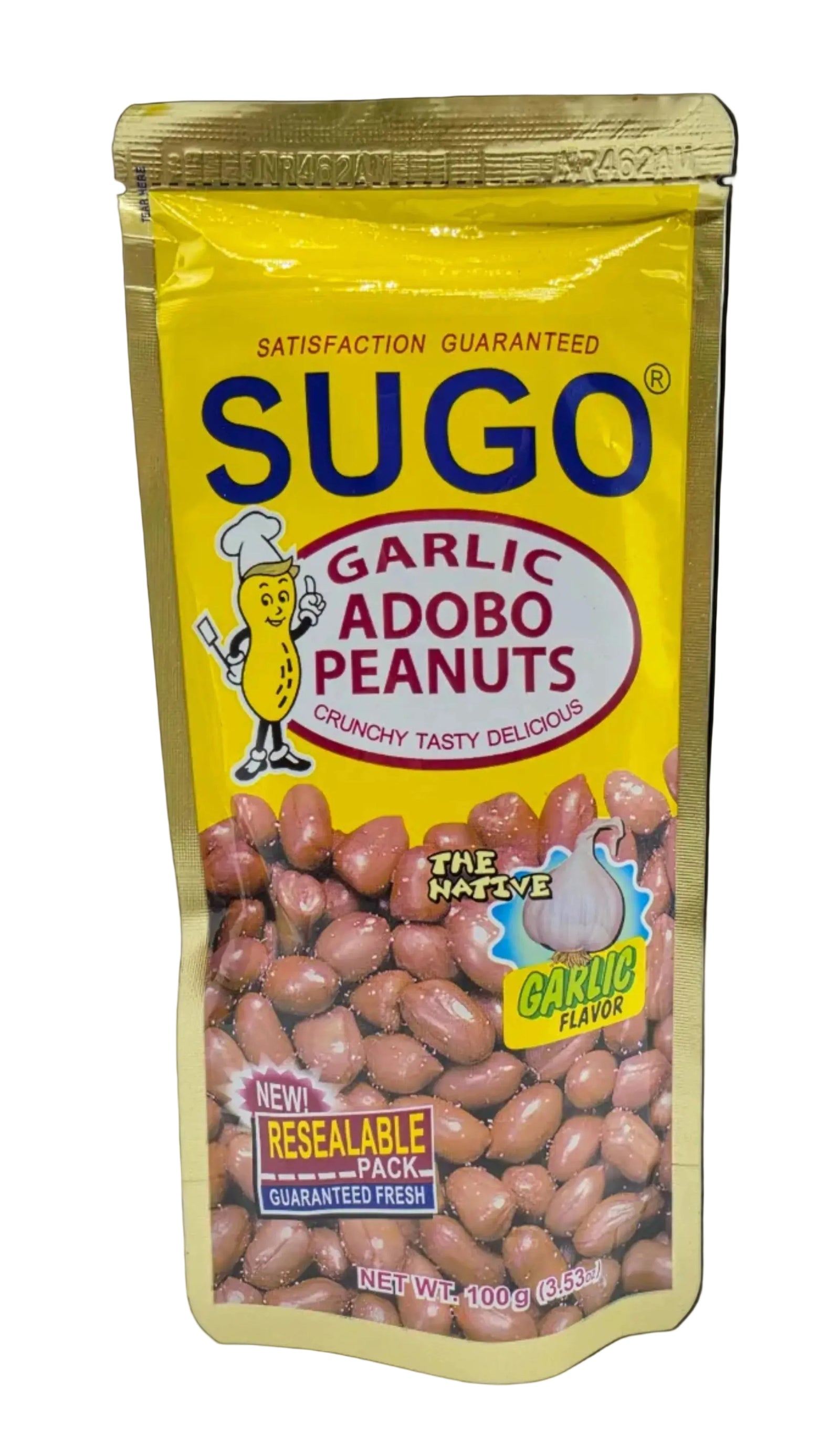 A bag of Sugo Garlic Adobo Peanuts in a yellow resealable pouch with a clear window showing the peanuts inside, photographed on a light gray background.