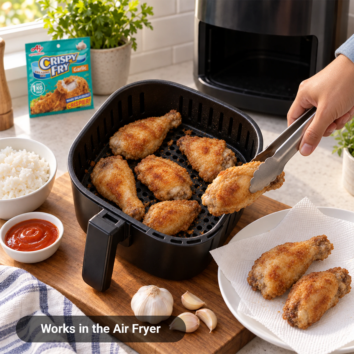 Golden-brown air-fried chicken wings in a black air fryer basket, with a hand using tongs to lift one wing. A package of Crispy Fry seasoning is visible in the background, along with bowls of rice, ketchup, garlic, and plated wings on a kitchen counter.